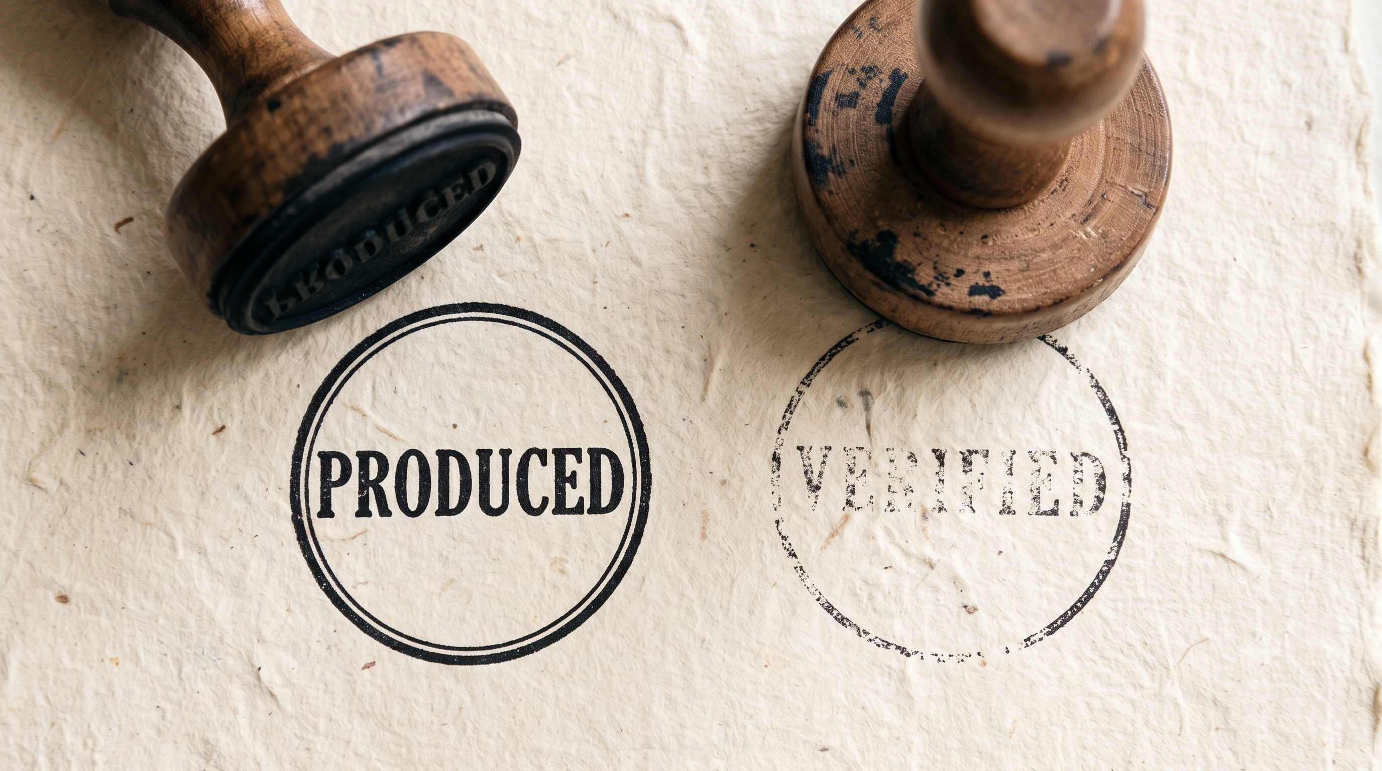 Close-up of two rubber stamps: one crisp reading PRODUCED, one incomplete reading VERIFIED — the two meanings of done stamped side by side.