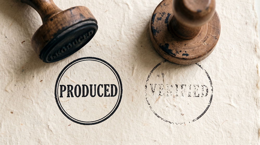 Close-up of two rubber stamps: one crisp reading PRODUCED, one incomplete reading VERIFIED.