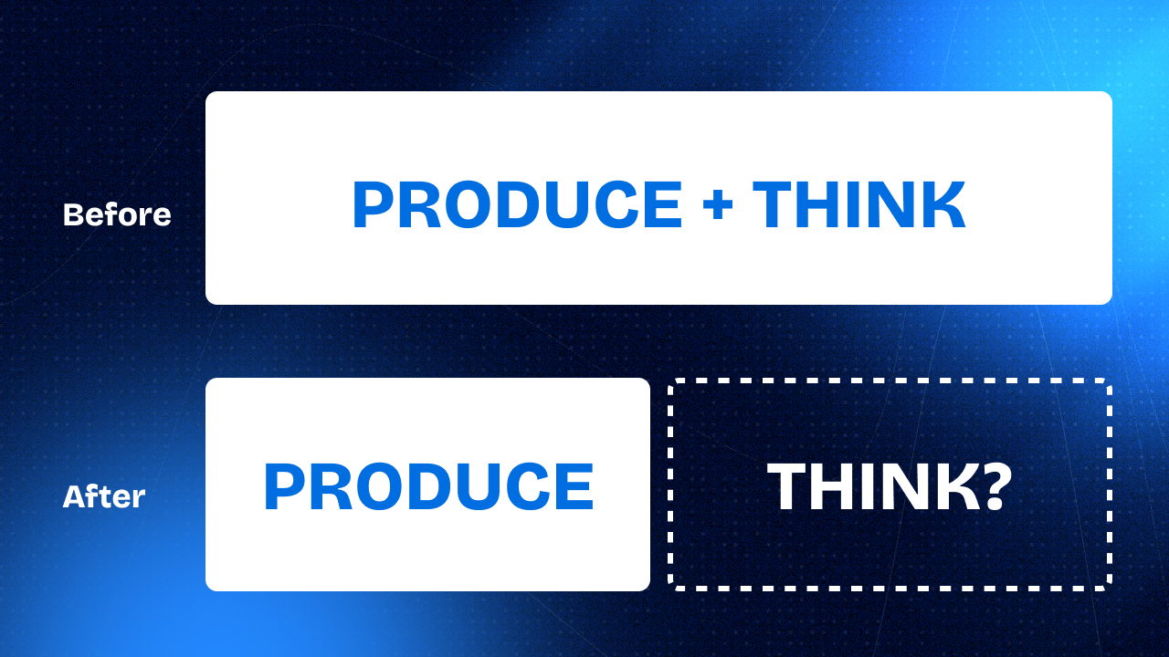 Minimalist diagram comparing "before" (production and thinking as one block) versus "now" (production filled, thinking empty and optional).