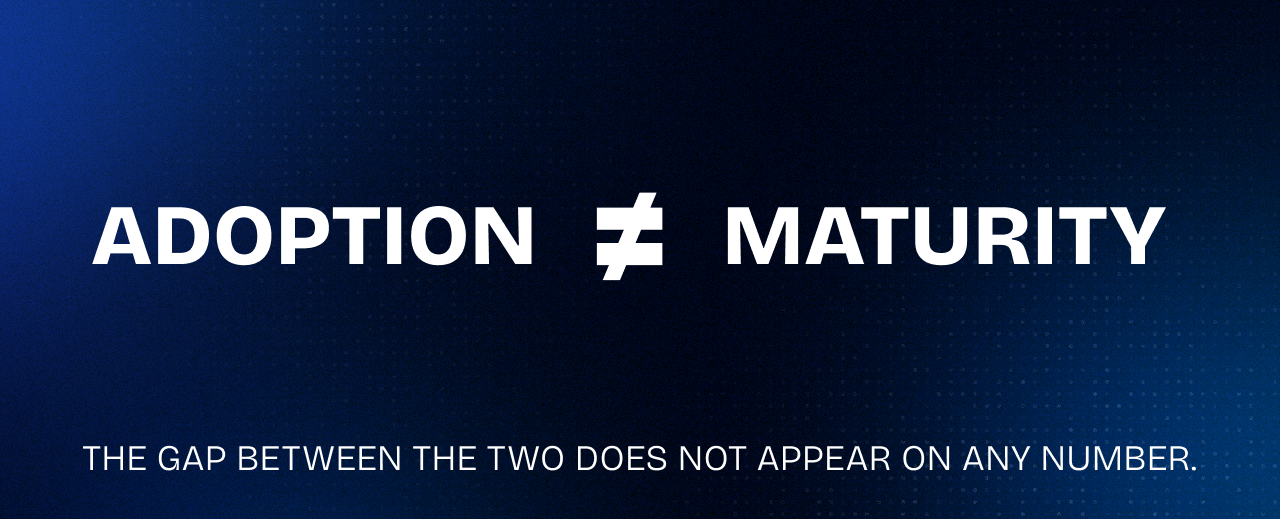 Two large words in bold sans-serif: "ADOPTION" on the left, "MATURITY" on the right. Between them, an inequality symbol (≠) or a solid line with a clear break/gap in the middle. Below in small text: "the gap between the two does not appear on any number."