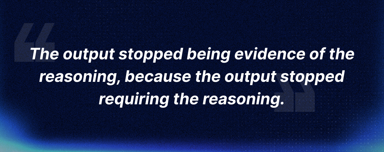 Pull quote on dark background: "The output stopped being evidence of the reasoning, because the output stopped requiring the reasoning."