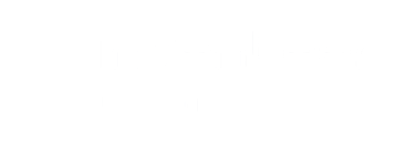 Inventeer Technologies wordmark in white, with the arrow monogram to the left of the name, for use on dark backgrounds