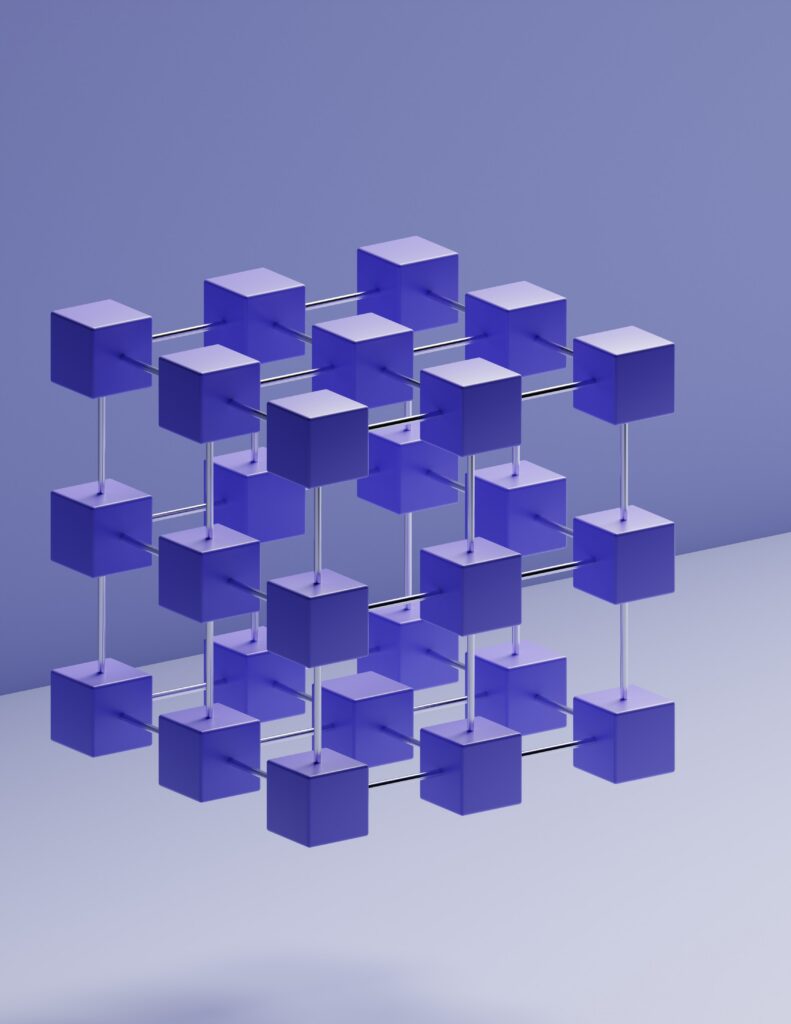Three-dimensional lattice of purple cubes connected by thin rods, forming one ordered structure.