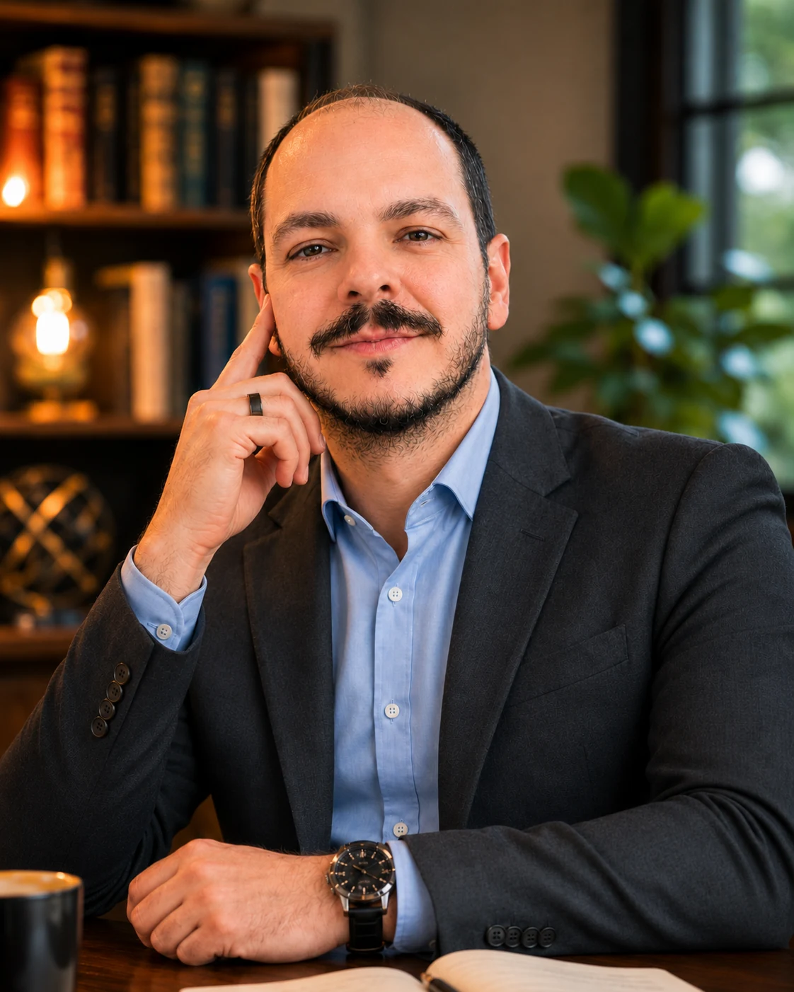 Portrait of Maycon Santos, author of the AI Empowerment Series, seated in a study with bookshelves behind him